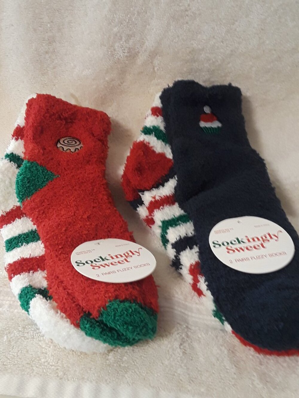 4 Pairs Christmas Fuzzy Socks - Cupcake, Donut, Stripes - Holiday Gift Set NWT